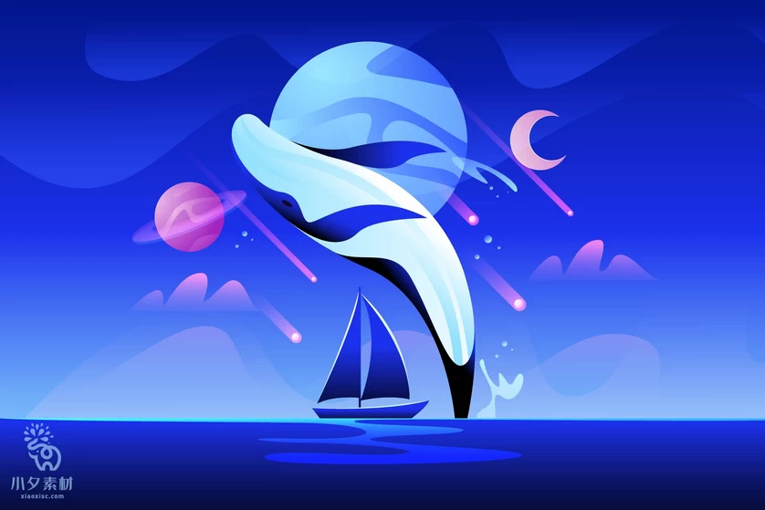 唯美梦幻创意卡通人物鲸鱼海豚夜景插画背景图案AI矢量设计素材【019】